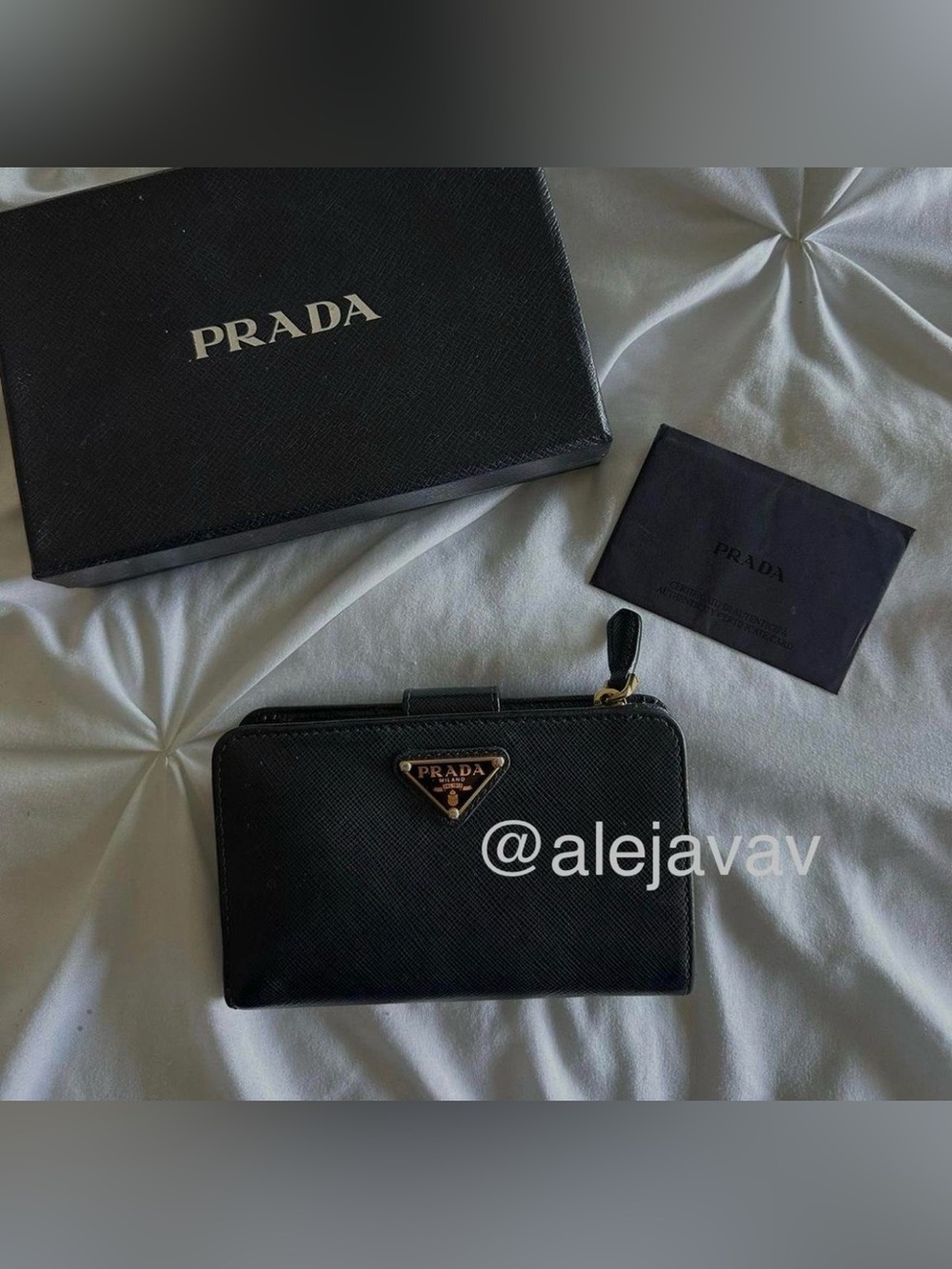 Prada Black Saffiano Leather Compact Zip Wallet with Gold Logo